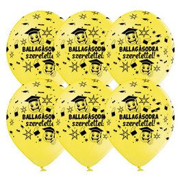 Ballagásodra Szeretettel Smile Face Sárga Fekete Kerek Latex Lufi 28 cm, 6db