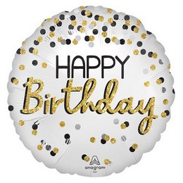 Happy Birthday Fekete Ezüst Arany Konfettis Szülinapi Héliumos Fólia Lufi, 46 cm