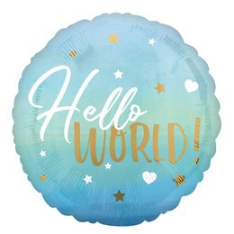 Hello World - Kék Bébi Fiú Héliumos Fólia Lufi Babaszületésre, 46 cm