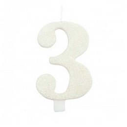 3-as Csillogó Fehér Szülinapi Számgyertya Tartóval