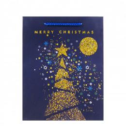 Arany Glitteres Karácsonyfa Mintás Karácsonyi Ajándéktasak - Közepes