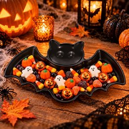 Denevér Alakú Műanyag Kínálótál Halloweenra - Fekete, 30 cm
