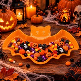 Denevér Alakú Műanyag Kínálótál Halloweenra - Narancssárga, 30 cm