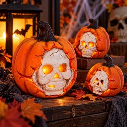 Halálfejes Tök Dekoráció Halloweenre - LED-es, 11 cm-es