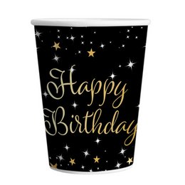 Happy Birthday Csillagos Arany Fekete Parti Pohár - 250 ml, 8 db-os