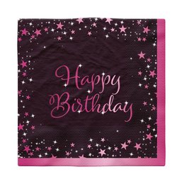Happy Birthday Csillagos Pink Fekete Parti Szalvéta - 33 cm x 33 cm, 16 db-os