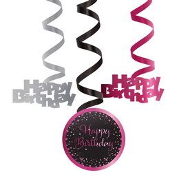 Happy Birthday Csillagos Pink Fekete Spirális Függő Dekoráció, 6 db-os