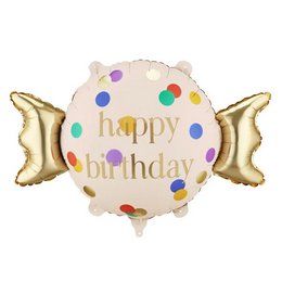 Happy Birthday Feliratú Cukorka Formájú Héliumos Fólia Lufi, 61 x 37 cm