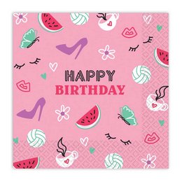 Happy Birthday Feliratú Parti Szalvéta Lányoknak - 33 cm x 33 cm, 16 db-os