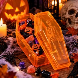 Koporsó Alakú Cukorka Tartó Halloweenra - Narancssárga, 19,5 x 5 cm