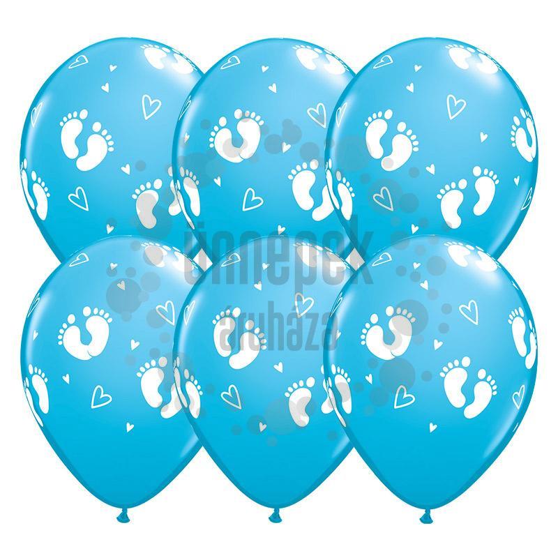11 inch-es Baby Footprints and Hearts Robins Egg Blue Lufi (6 db/csomag)