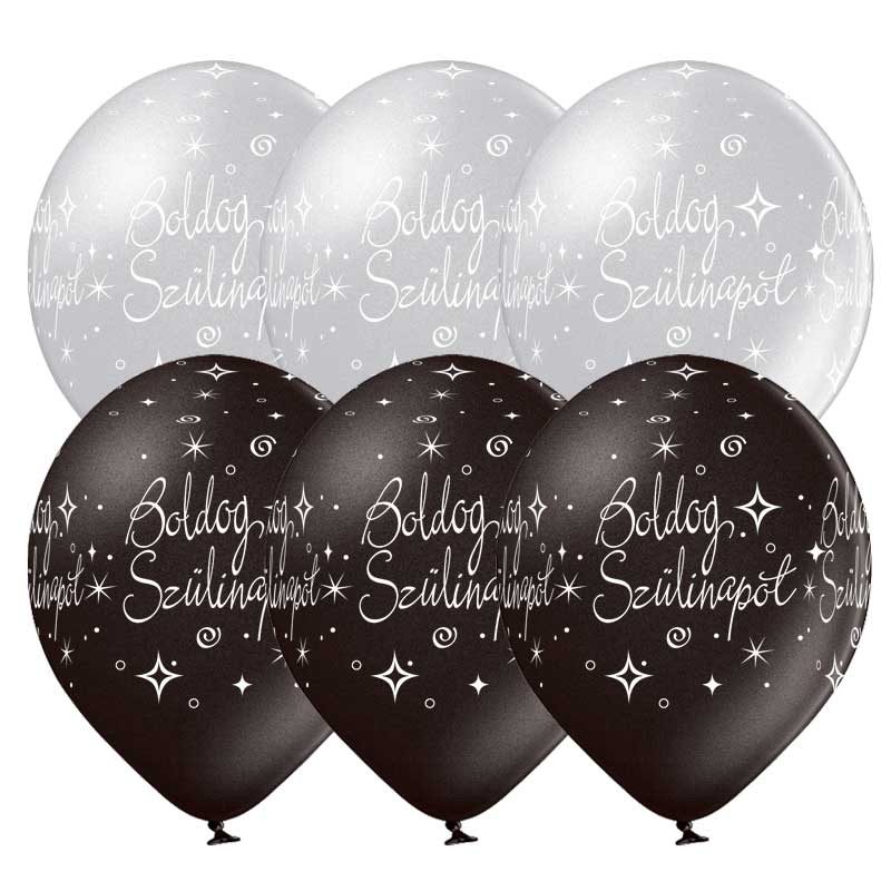 11 inch-es Boldog Szülinapot Silver és Black - Ezüst és Fekete Lufi (6 db/csomag)