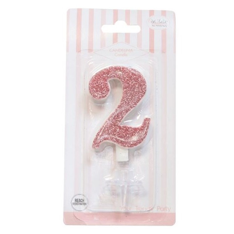 2-es Csillogó Rosegold Szülinapi Számgyertya Tartóval