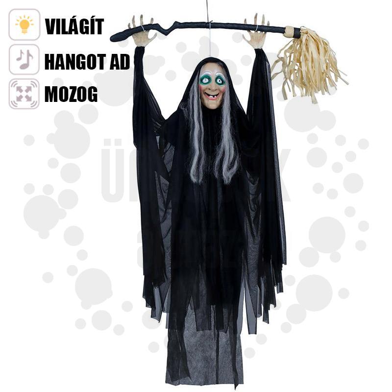 Beszélő, Mozgó és Világító Boszorkány Függő Dekoráció, 110 cm-es