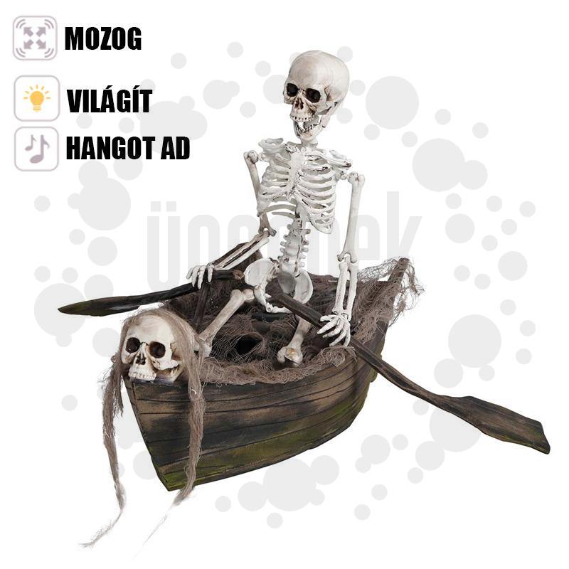 Mozgó, Világitó, Nevető Hanggal Evező Csontváz Hajóban Dekoráció, 37 cm-es