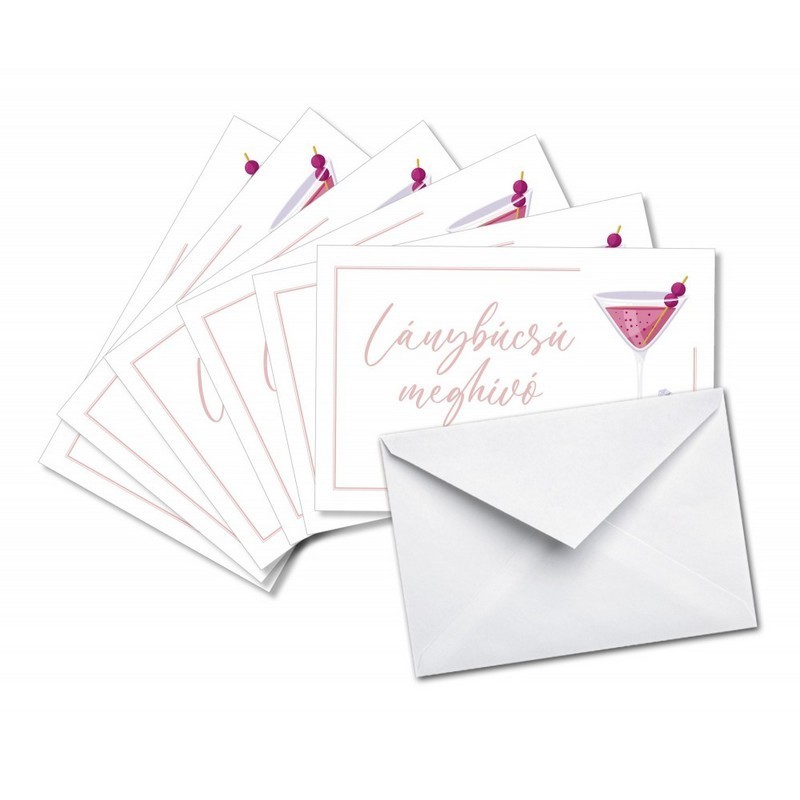 Lánybúcsú Meghívó és Boríték - Koktélpohár Jeggyűrű - 6 db-os