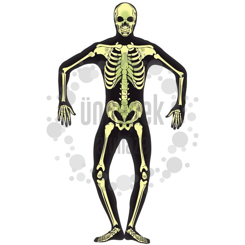 Sötétben Világító Fekete Csontváz Testhez Álló Férfi Jelmez, L-es