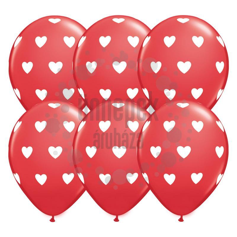 11 inch-es Big Hearts Red and White Szives Szerelmes Lufi (6 db/csomag)