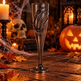 Pezsgőspohár Halloweenra Csontváz Kéz Mintával - Fekete