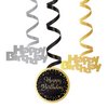 Happy Birthday Csillagos Arany Fekete Spirális Függő Dekoráció, 6 db-os