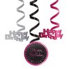 Happy Birthday Csillagos Pink Fekete Spirális Függő Dekoráció, 6 db-os